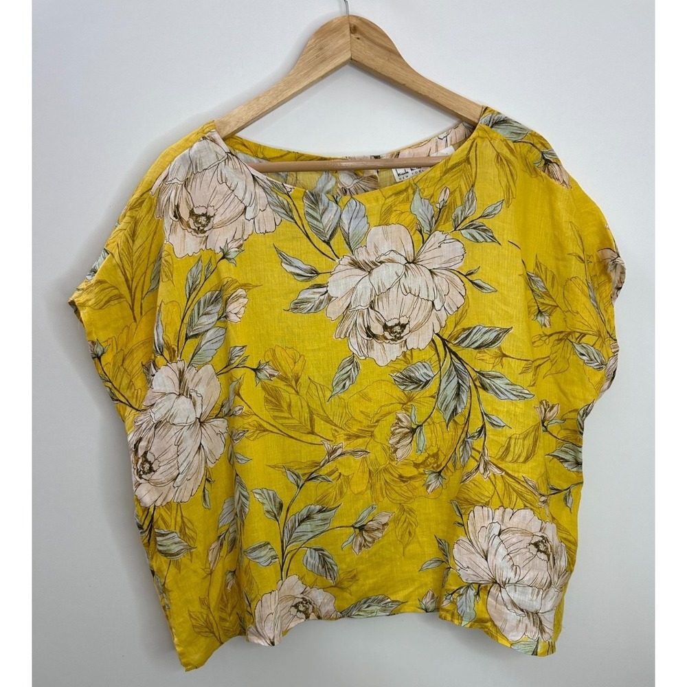 Nicole Miller 100% Linen Yellow Floral Button Back Boxy Top Large Lagonlook - Picture 2 of 12